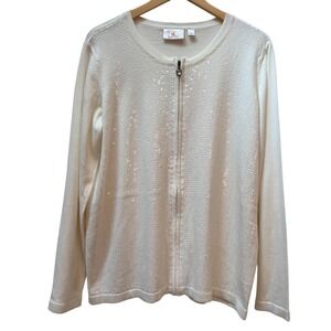 Quaker Factory Women's‎ Cream Sequin Front Zip Cardigan Sweater L